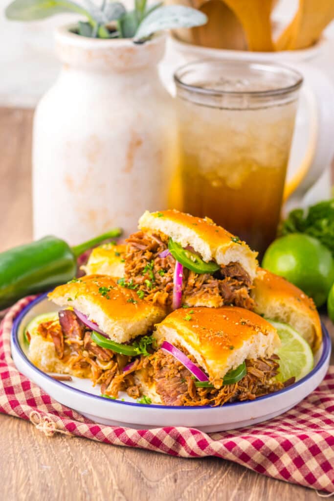 Slow Cooker Birria Sliders plated