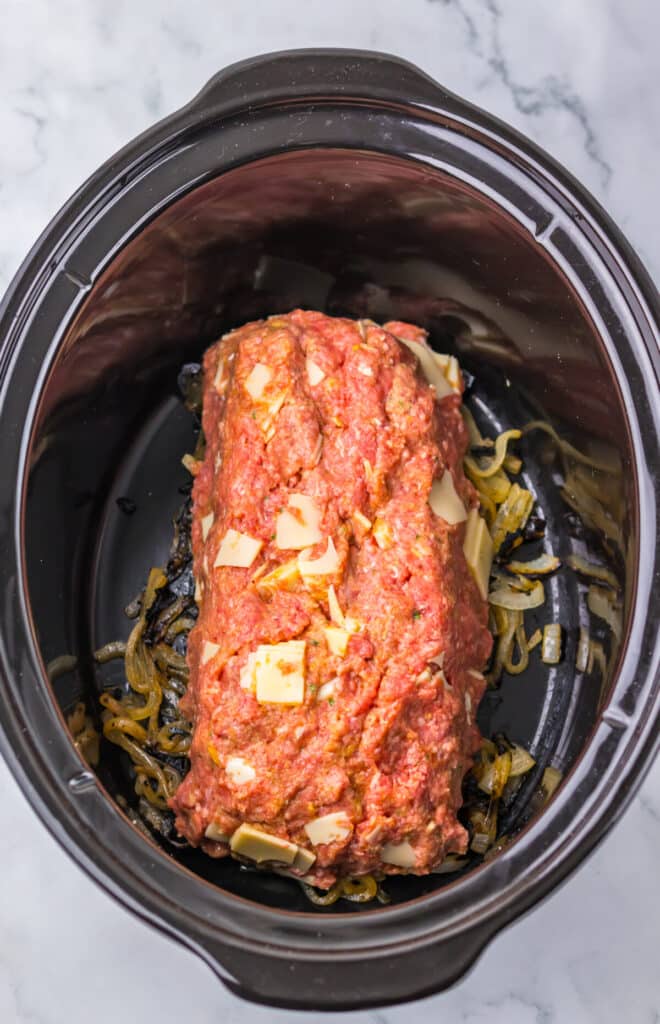 Slow Cooker French Onion Meatloaf in slow cooker