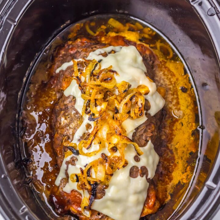Slow Cooker French Onion Meatloaf in slow cooker