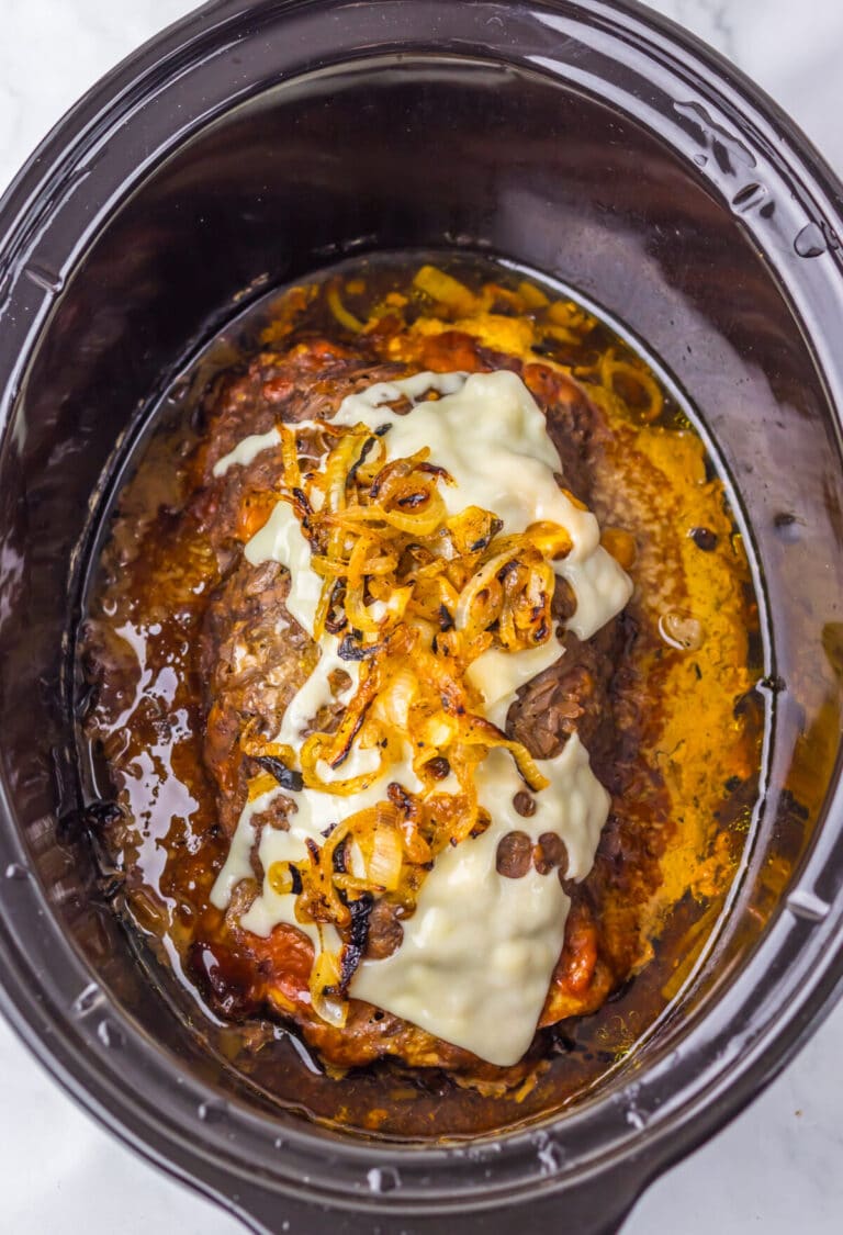 Slow Cooker French Onion Meatloaf in slow cooker