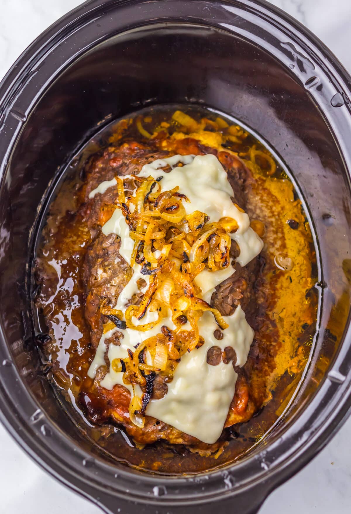 Slow Cooker French Onion Meatloaf in slow cooker