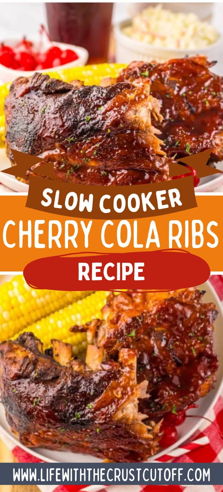 Slow cooker cherry cola ribs glazed with sticky BBQ sauce, garnished with fresh herbs and served on a platter
