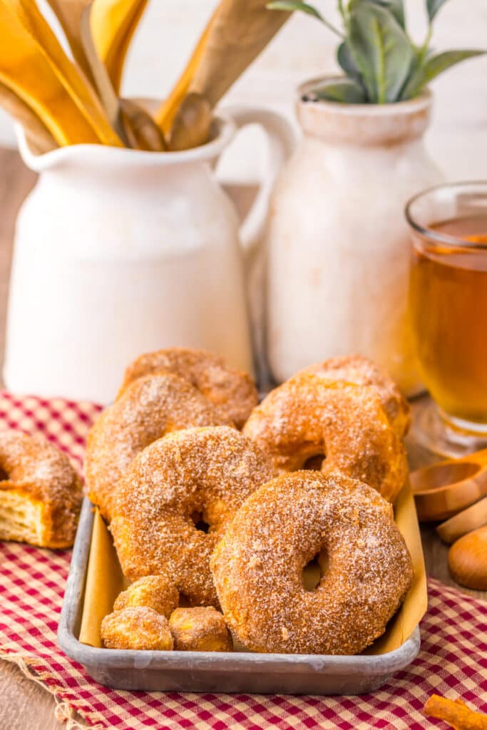 Cinnamon sugar apple cider doughnuts arranged in a circle on a plate