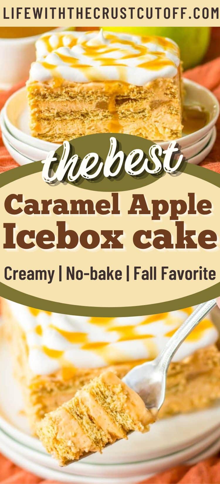 Slice of caramel apple icebox cake layered with whipped topping and graham crackers, drizzled with caramel