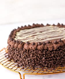 "Rich four-layer chocolate mousse cake topped with ganache and white chocolate drizzle, served on a cake stand."