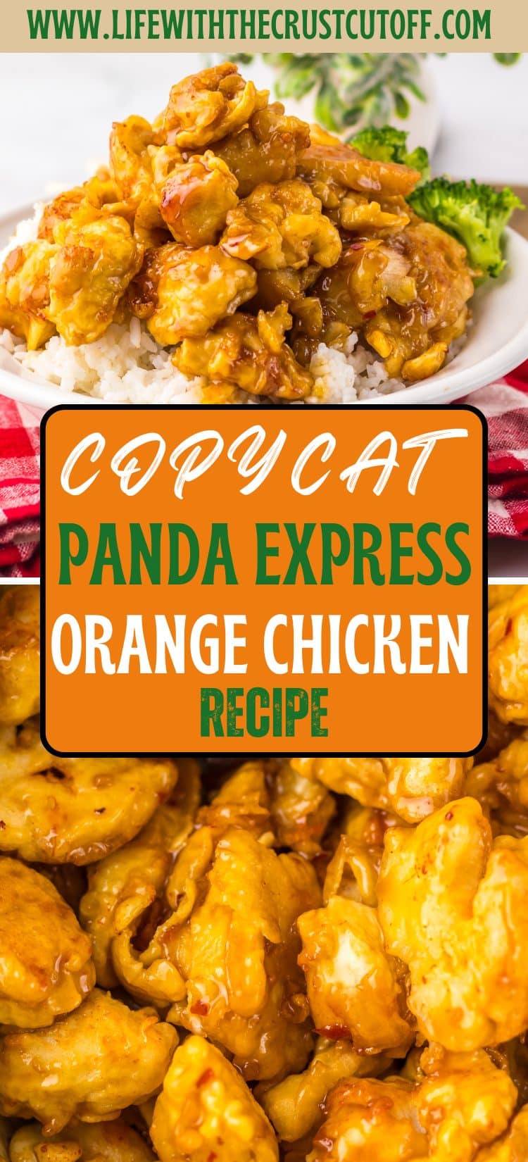 Homemade Panda Express-style orange chicken in sticky orange sauce served over rice with green onions