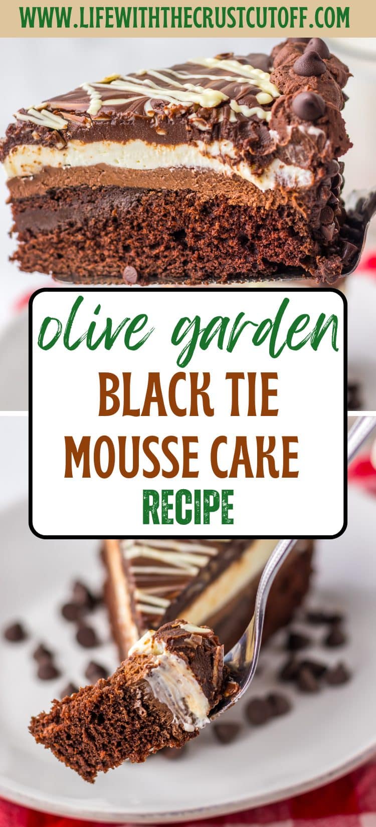 Layered Black Tie Mousse Cake slice with chocolate cheesecake, mousse, and ganache topping on a plate