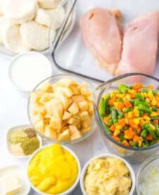 Overhead image of plated chicken pot pie casserole ingredients
