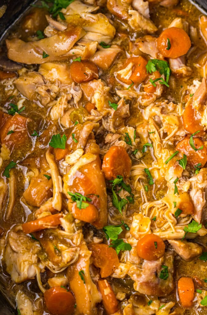 Chicken thighs, carrots, celery, and onions cooking in a slow cooker with broth
