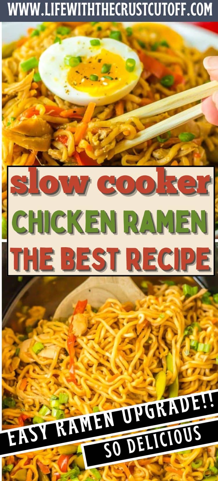 Crockpot chicken ramen with shredded chicken, noodles, egg, and green onions in a rich broth.