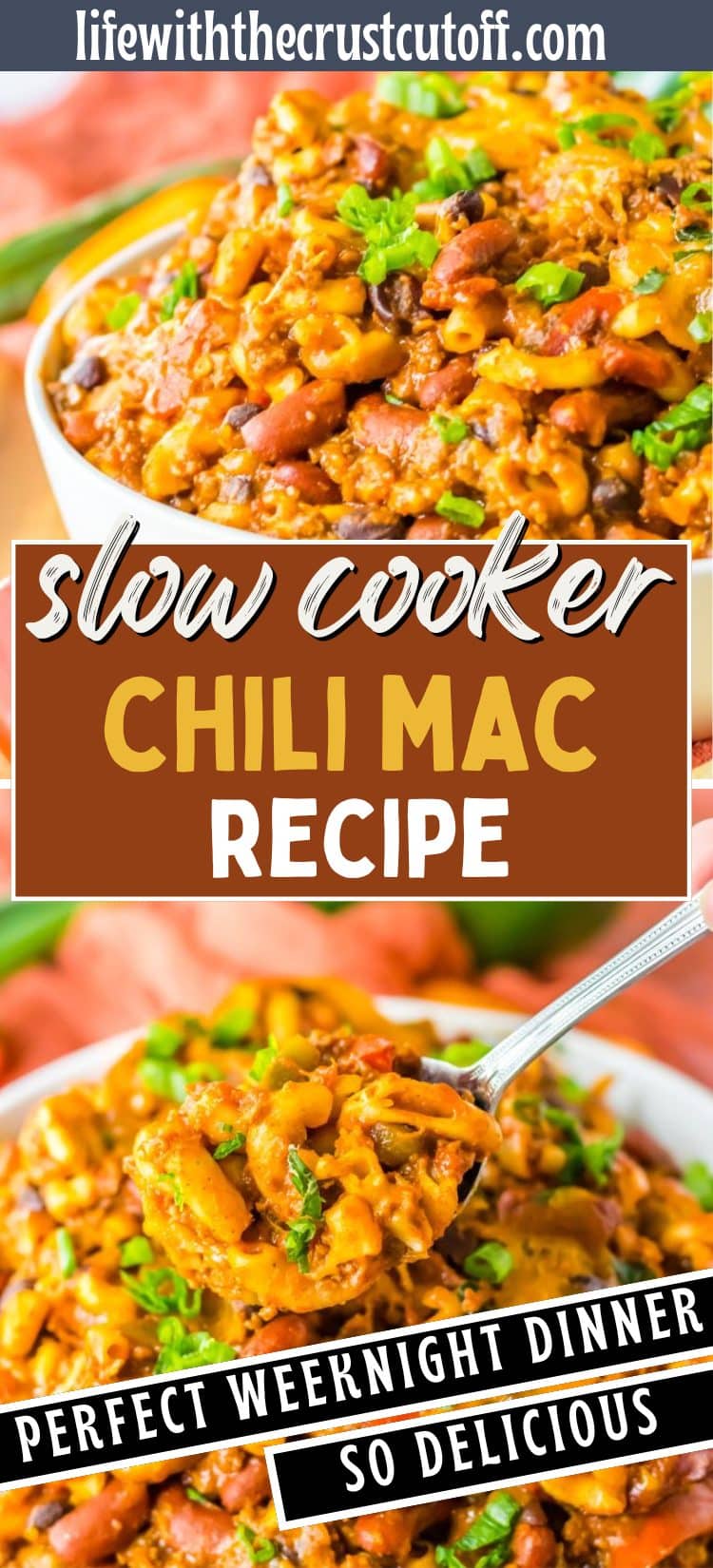 Bowl of cheesy slow cooker chili mac with ground beef, pasta, and beans, topped with shredded cheese