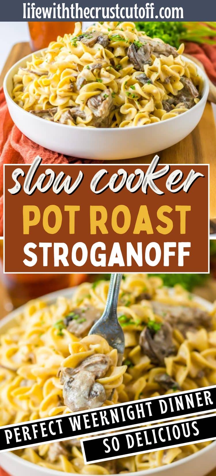 Pinterest-friendly image showing creamy pot roast stroganoff over noodles made in a slow cooker