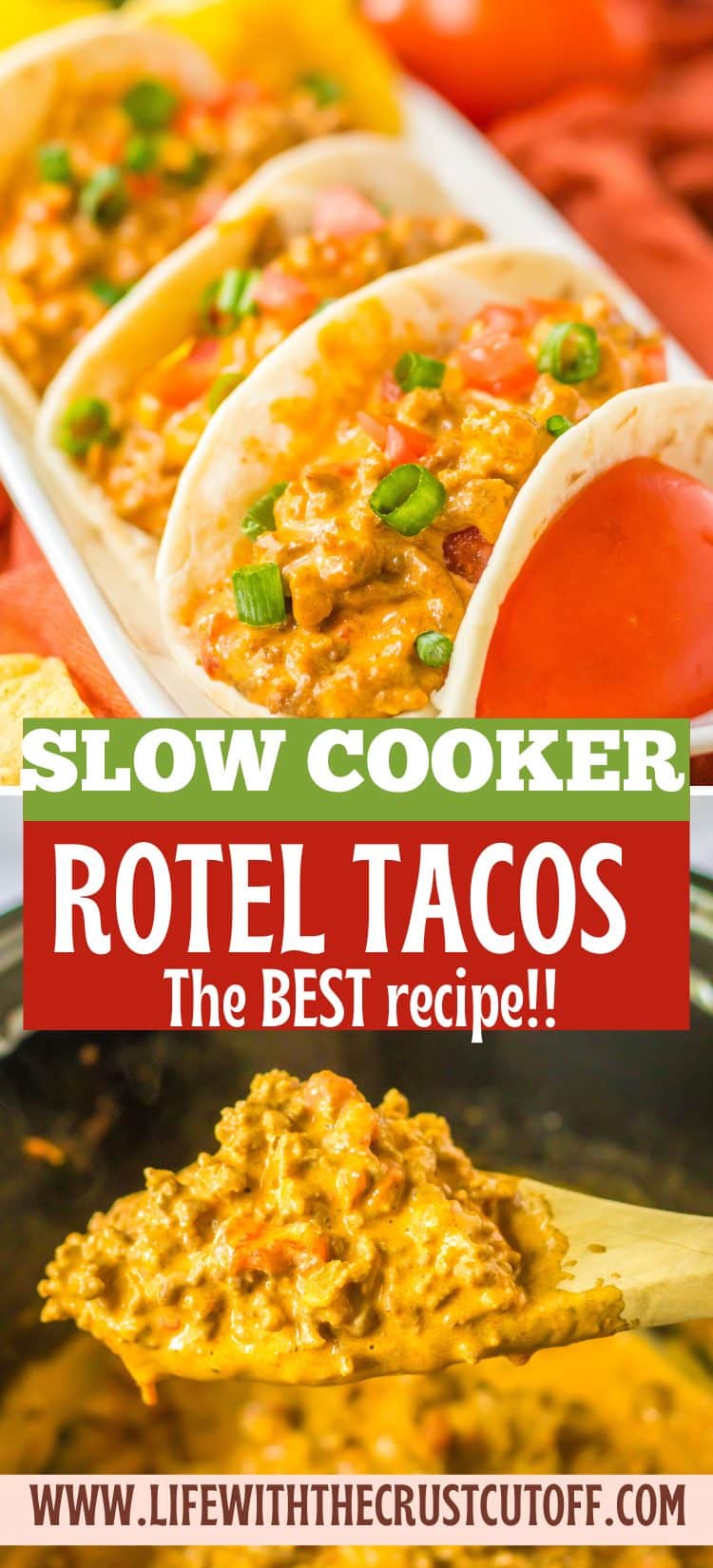 Close-up of cheesy slow cooker Rotel taco filling in soft tortillas, garnished with green onions.