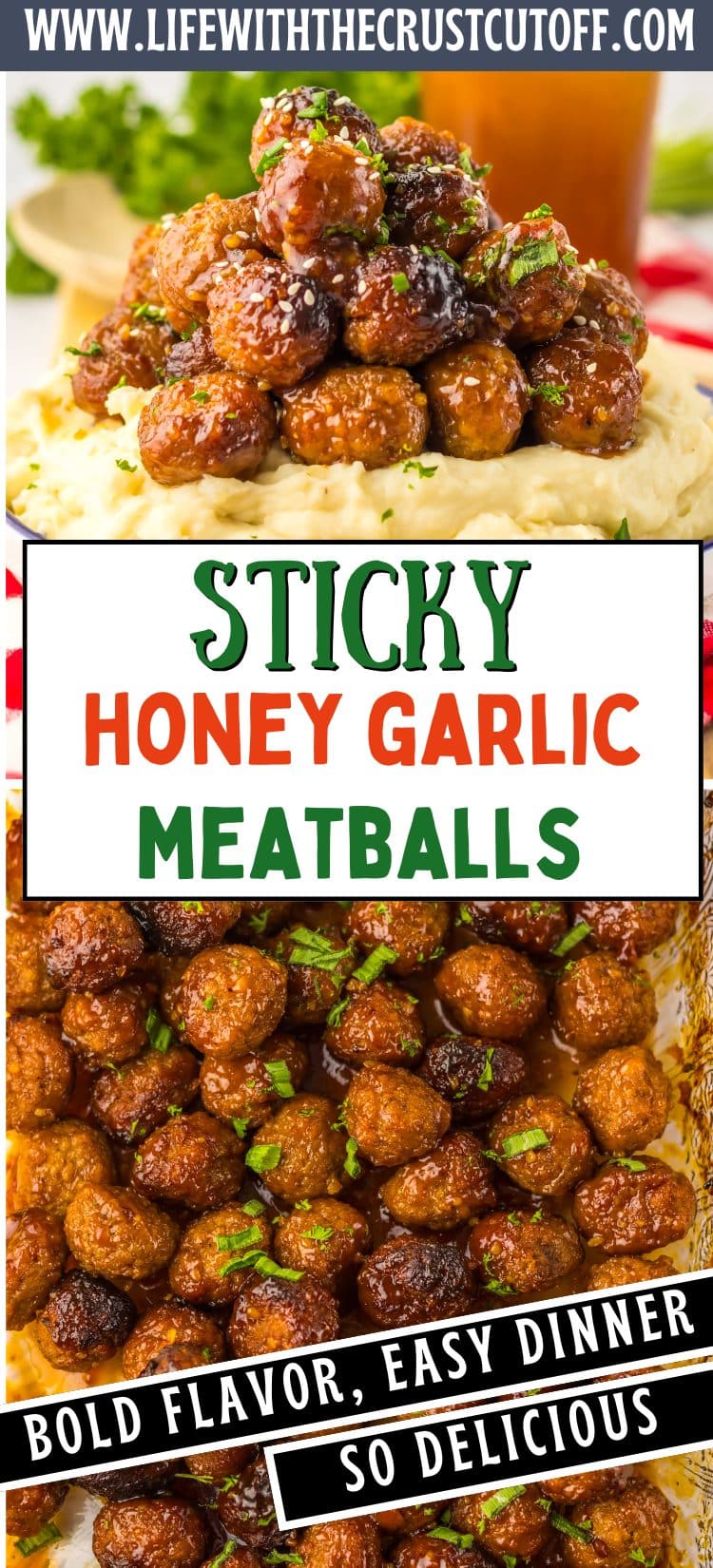 Sticky honey garlic meatballs coated in sauce and served with rice and green onions
