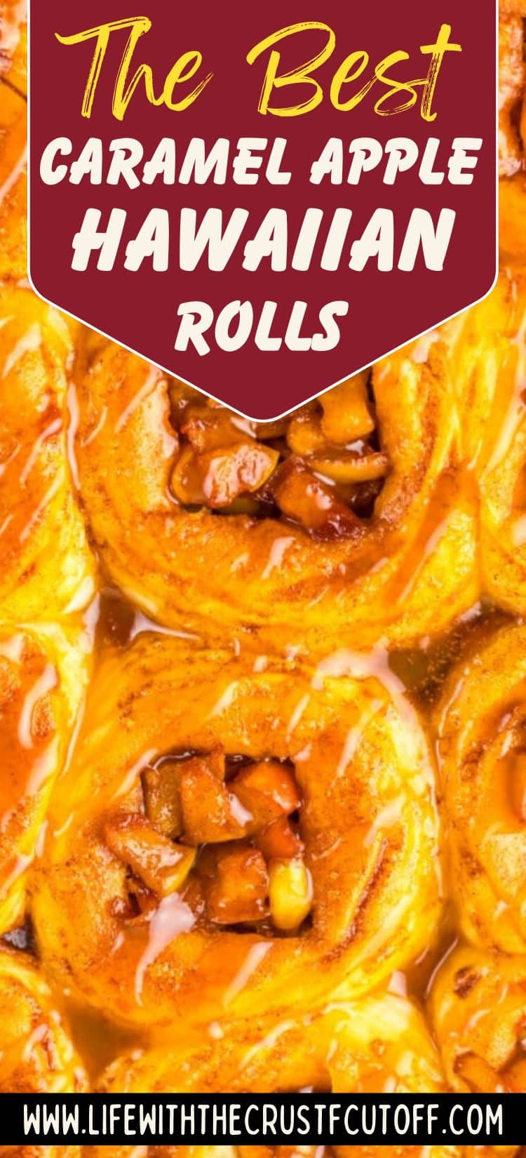 Close-up of caramel apple Hawaiian rolls baked with spiced apples and caramel drizzle.