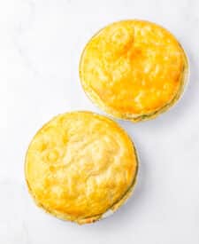 Overhead view of two golden pot pies