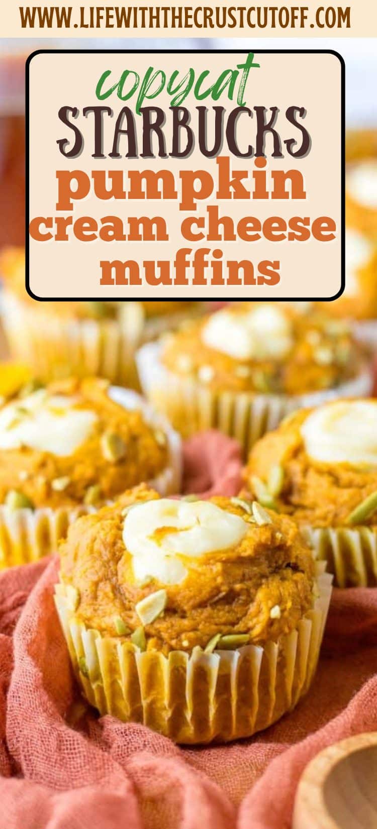 Close-up of pumpkin cream cheese muffins with cream cheese centers and sprinkled pumpkin seeds on top.