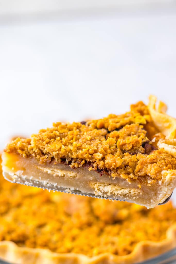 Close-up of a slice of mock apple pie showing layers of crust and filling
