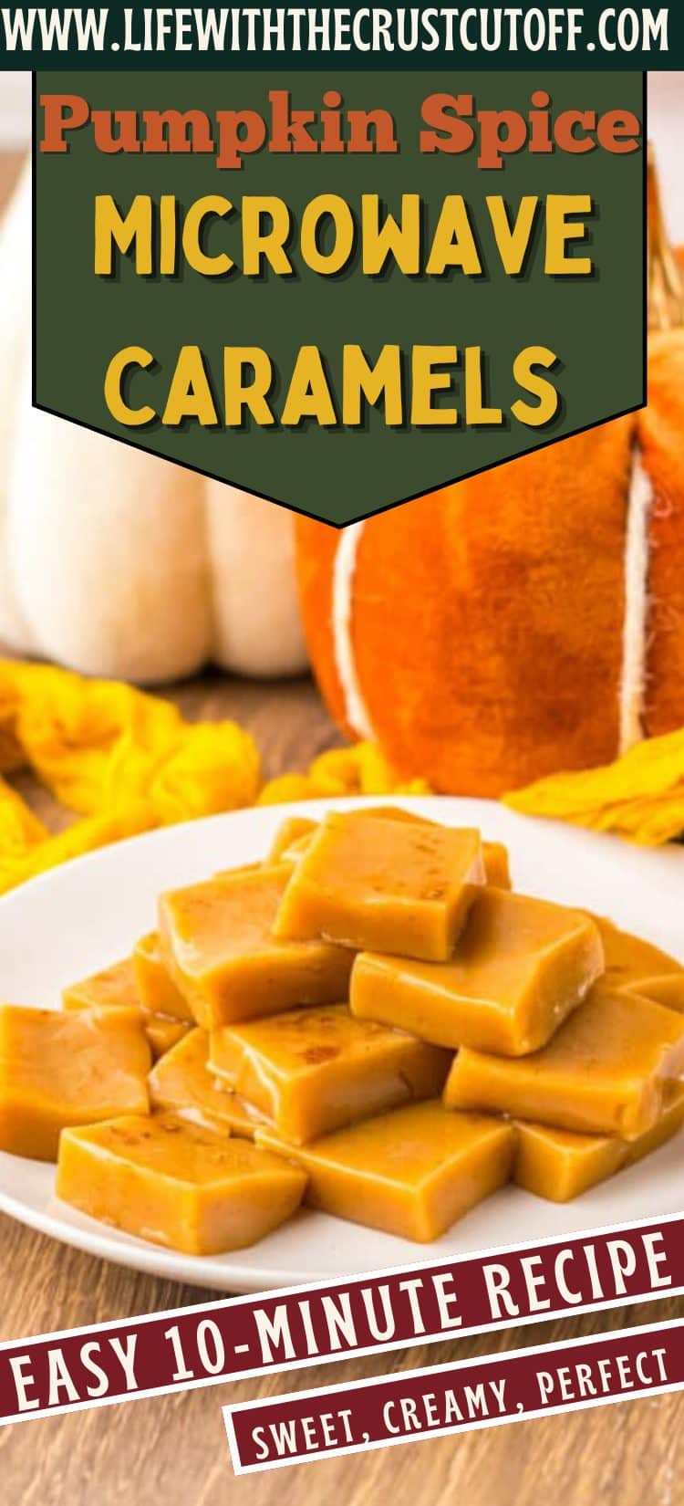 Plate of homemade pumpkin spice microwave caramels, cut into chewy squares, with fall pumpkins and yellow leaves in the background.