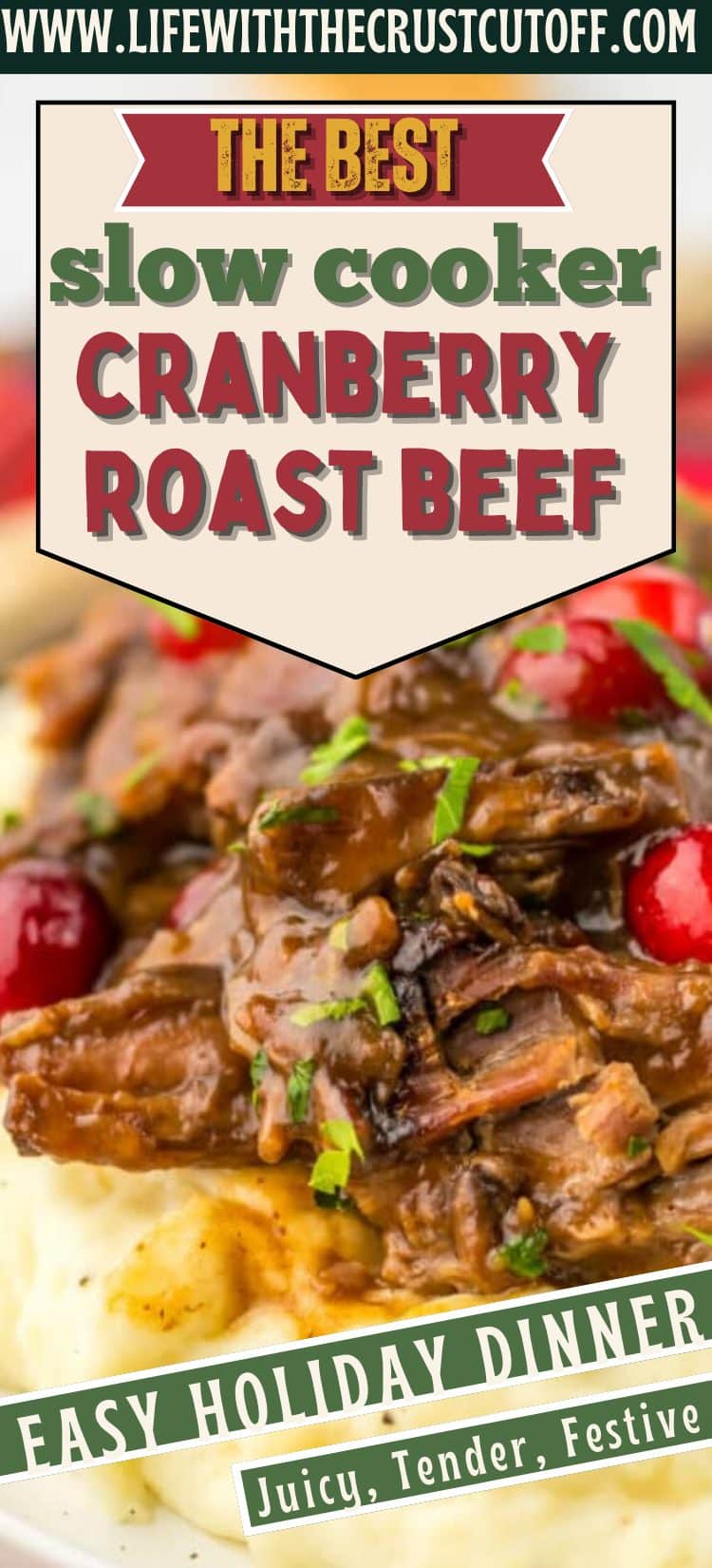 Close-up of cranberry roast beef sliced with gravy on top and parsley garnish.