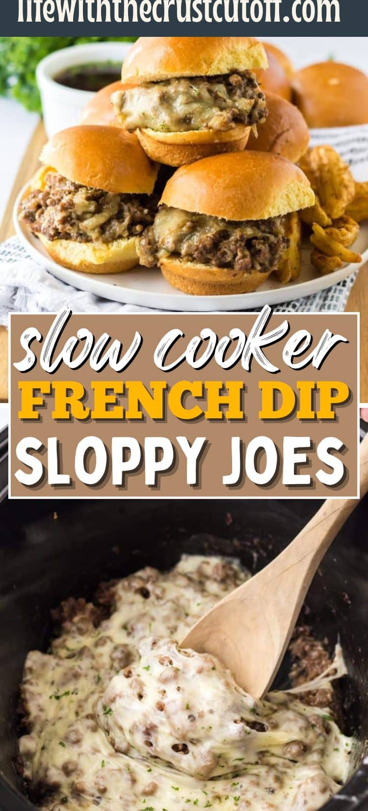 Juicy ground beef French dip sloppy joes topped with melted cheese and served on soft buns with au jus for dipping.