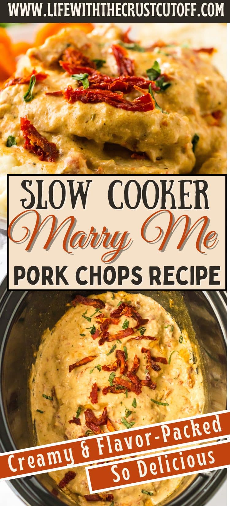 Bowl of slow cooker chicken and noodles in creamy sauce topped with parsley