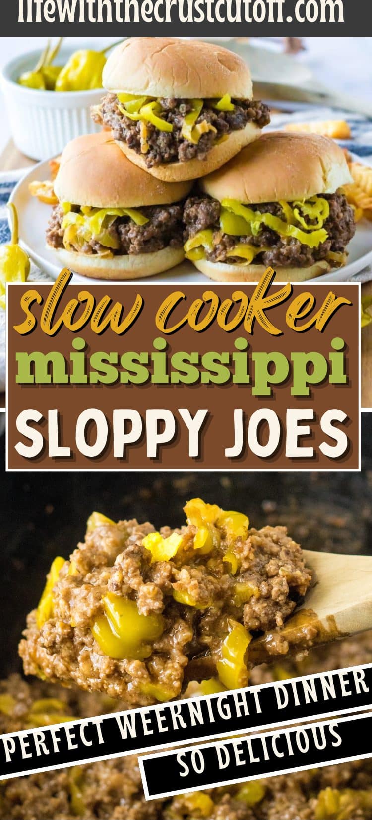 Mississippi sloppy joes topped with pepperoncini peppers on soft sandwich buns.