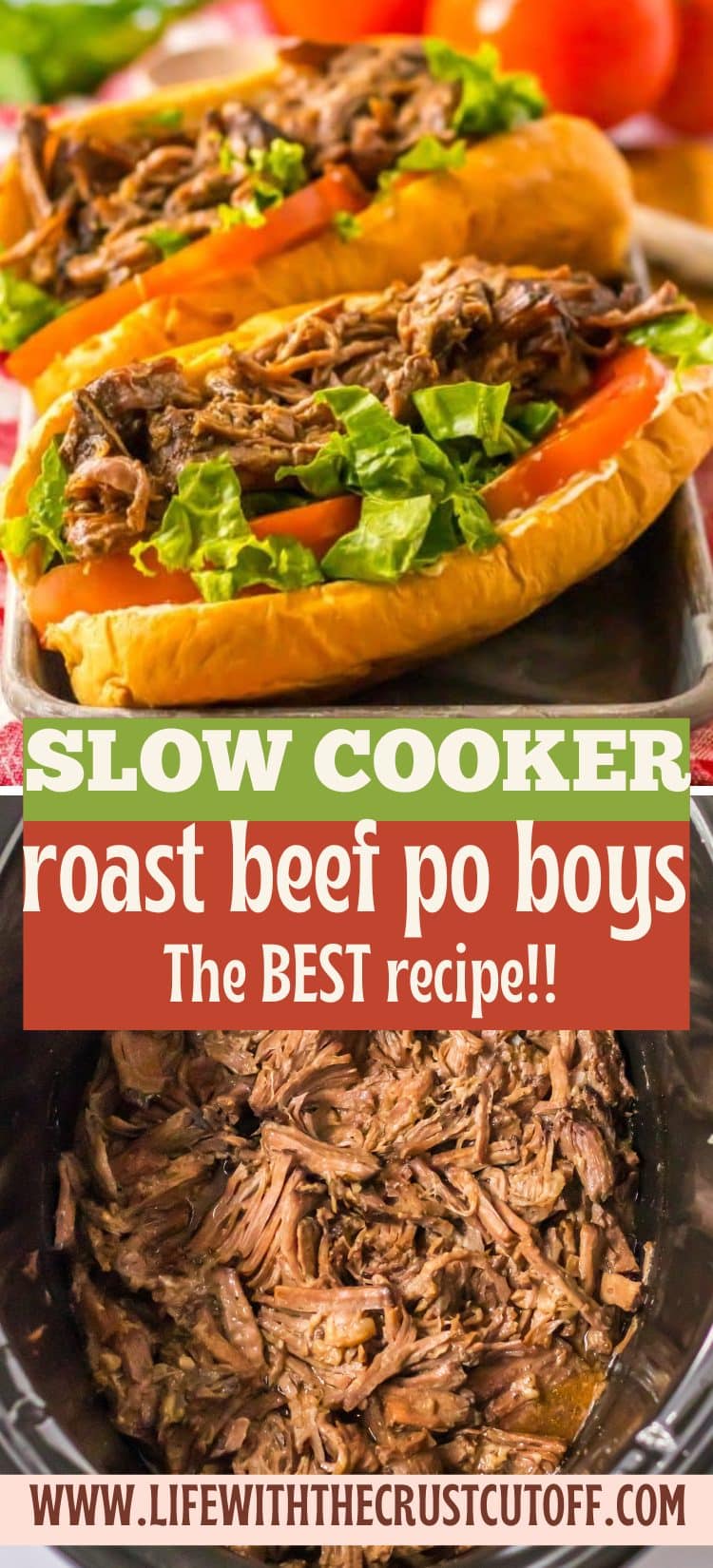 Close-up of slow cooker roast beef po’ boy sandwich with gravy and lettuce on French bread, shown as a Pinterest recipe graphic.