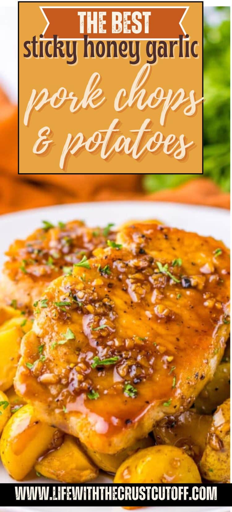 Juicy pork chops and tender baby potatoes coated in a glossy honey garlic sauce and garnished with parsley.