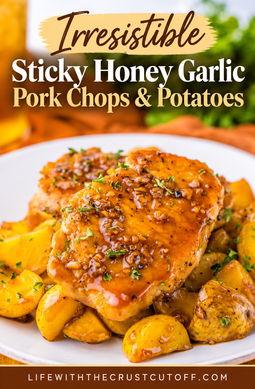 Sticky Honey Garlic Pork Chops and Potatoes coated in a glossy sweet and savory honey garlic sauce and garnished with fresh herbs.