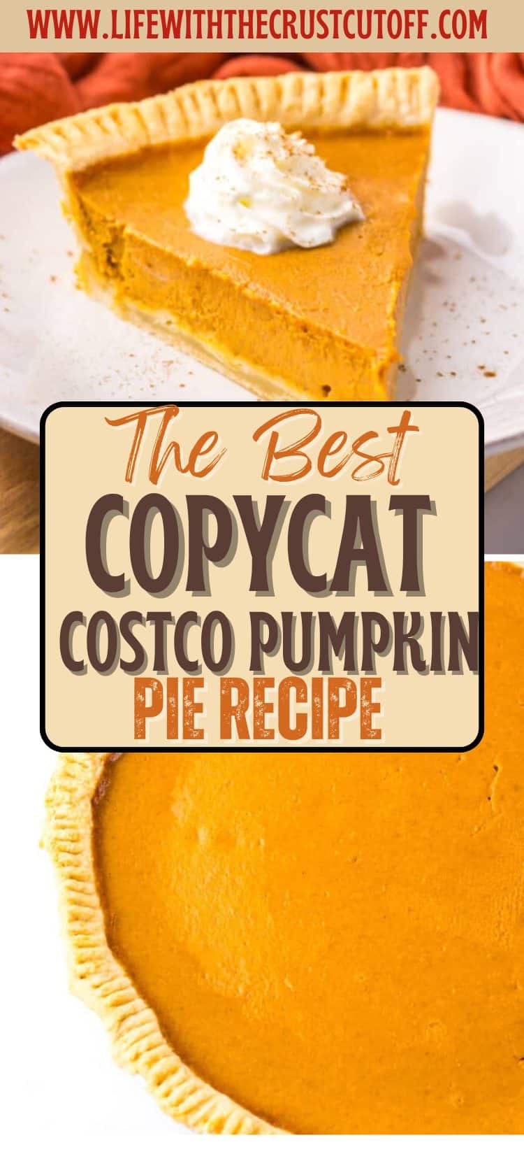 Whole pumpkin pie in a dish with a slice removed, topped with whipped cream.