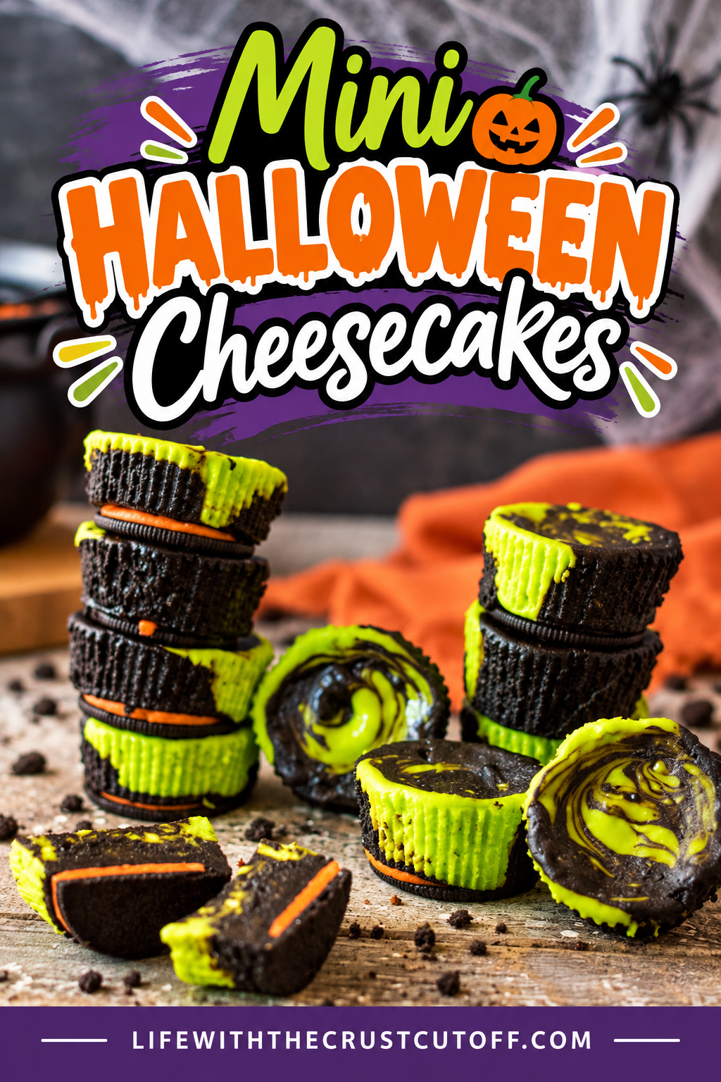 Mini Halloween Cheesecakes with chocolate cookie crusts and bright green, orange, and black swirled cheesecake filling.