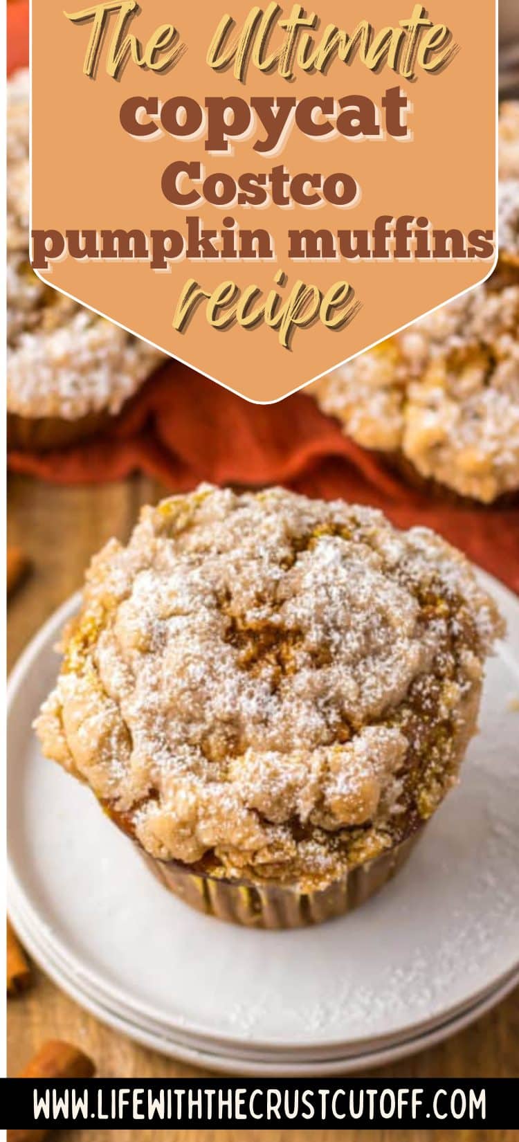Bakery-style pumpkin muffins with sugar topping and warm fall colors.