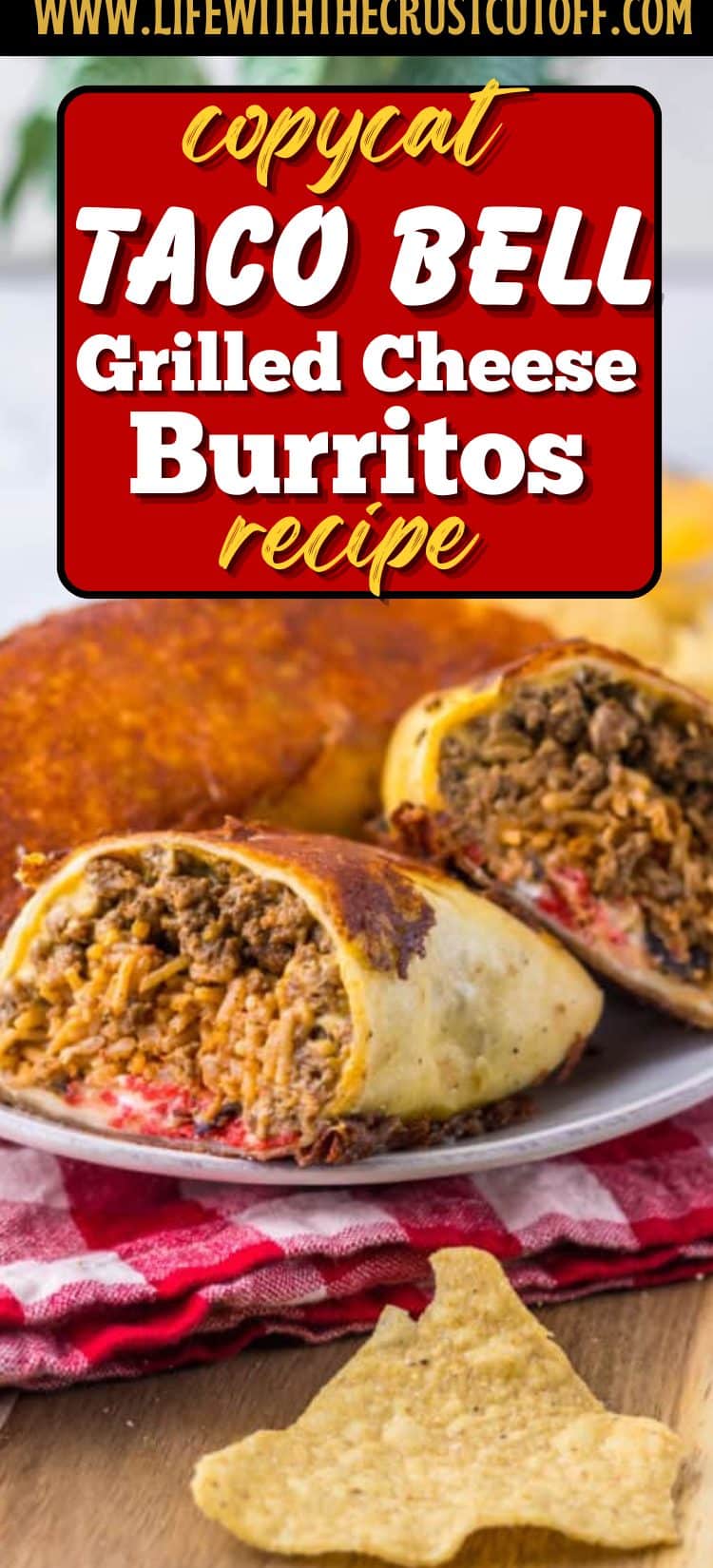 Overhead shot of multiple grilled cheese burritos stacked on a plate with golden cheese crust