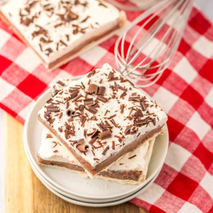 Overhead shot of sheet pan French silk pie slice with red checkered napkin