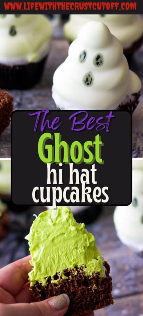Chocolate cupcakes with tall white frosting dipped in chocolate and decorated as ghosts.