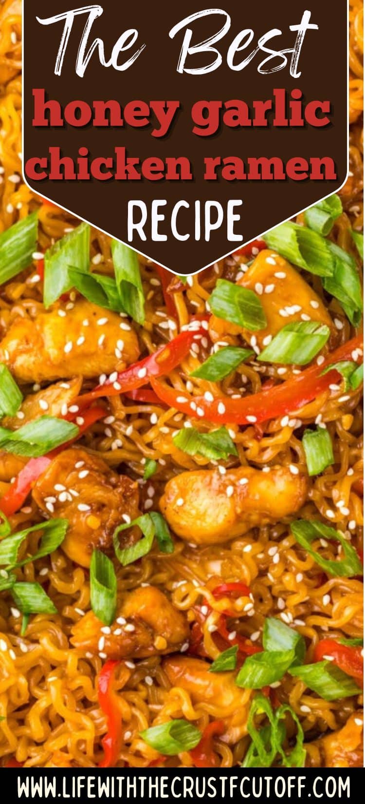 Bowl of honey garlic chicken ramen with scallions, sesame seeds, and red peppers
