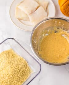 Raw ingredients in bowls for copycat Filet-O-Fish sandwiches.