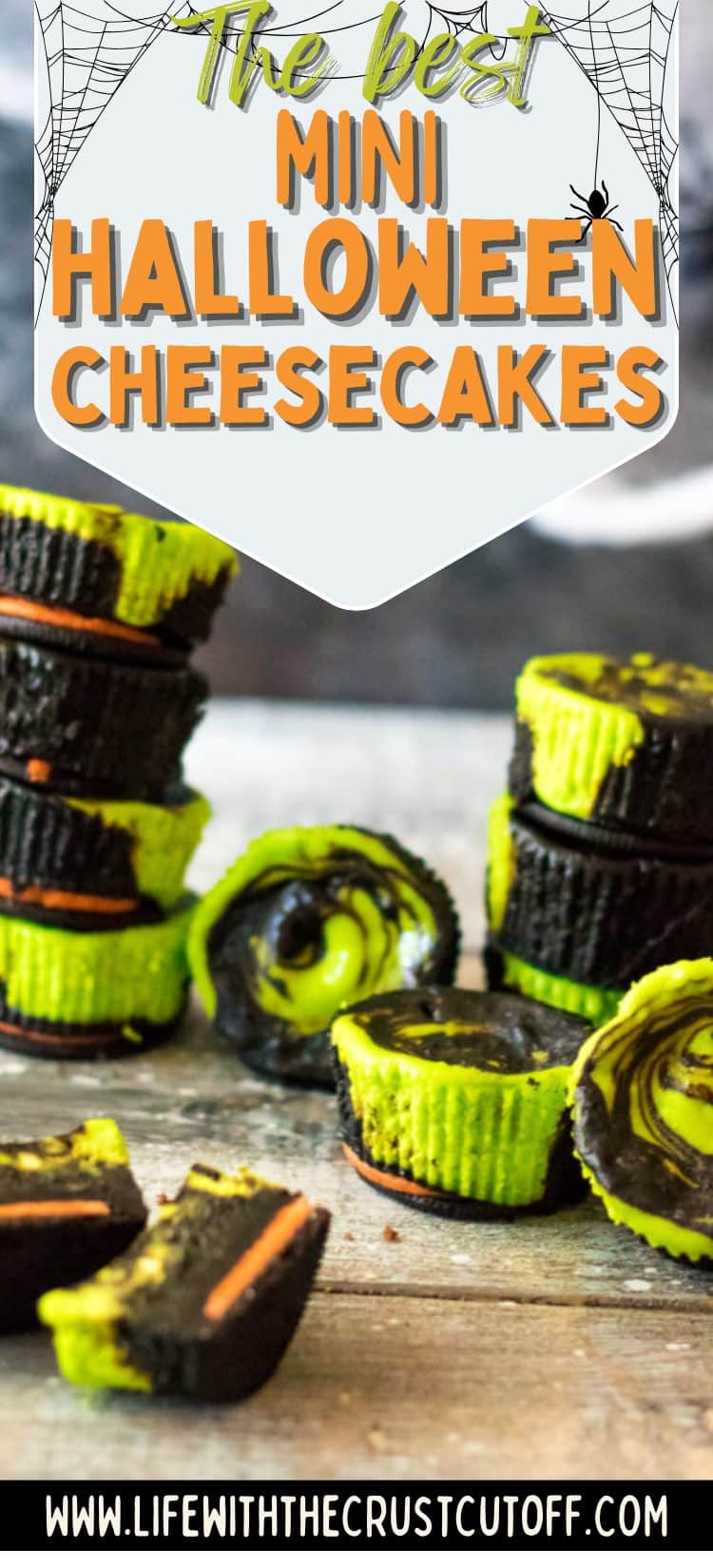 Spooky mini cheesecakes decorated for Halloween with candy eyes and sprinkles.