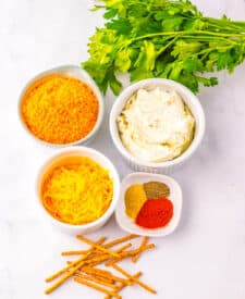 Overhead view of ingredients for mini pumpkin cheeseballs, including cream cheese, shredded cheddar, spices, crushed cheese crackers, pretzels, and parsley.
