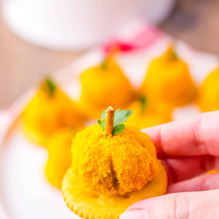 Close-up of mini pumpkin cheeseballs being held in hand.