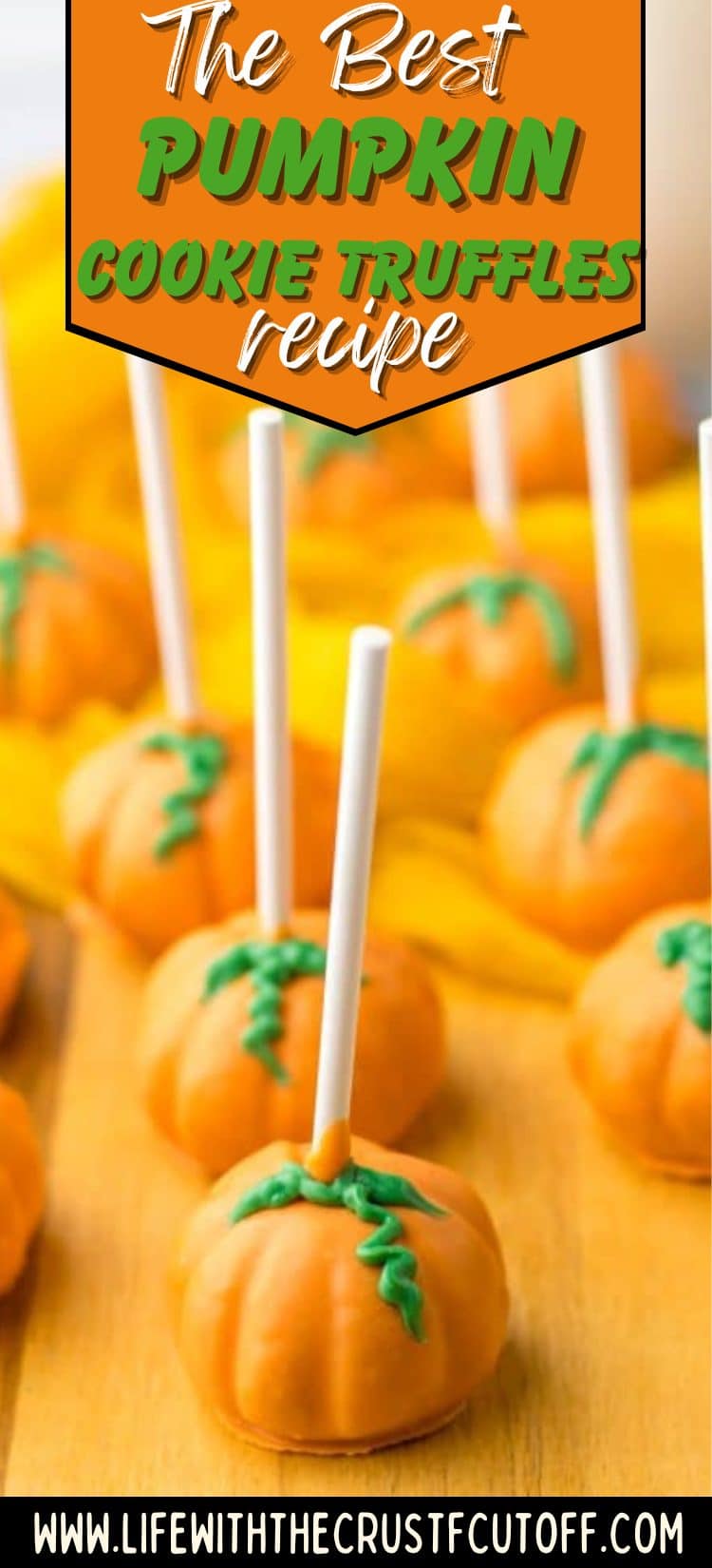 Pumpkin cookie truffles dipped in orange chocolate, shaped like tiny pumpkins with green tops.