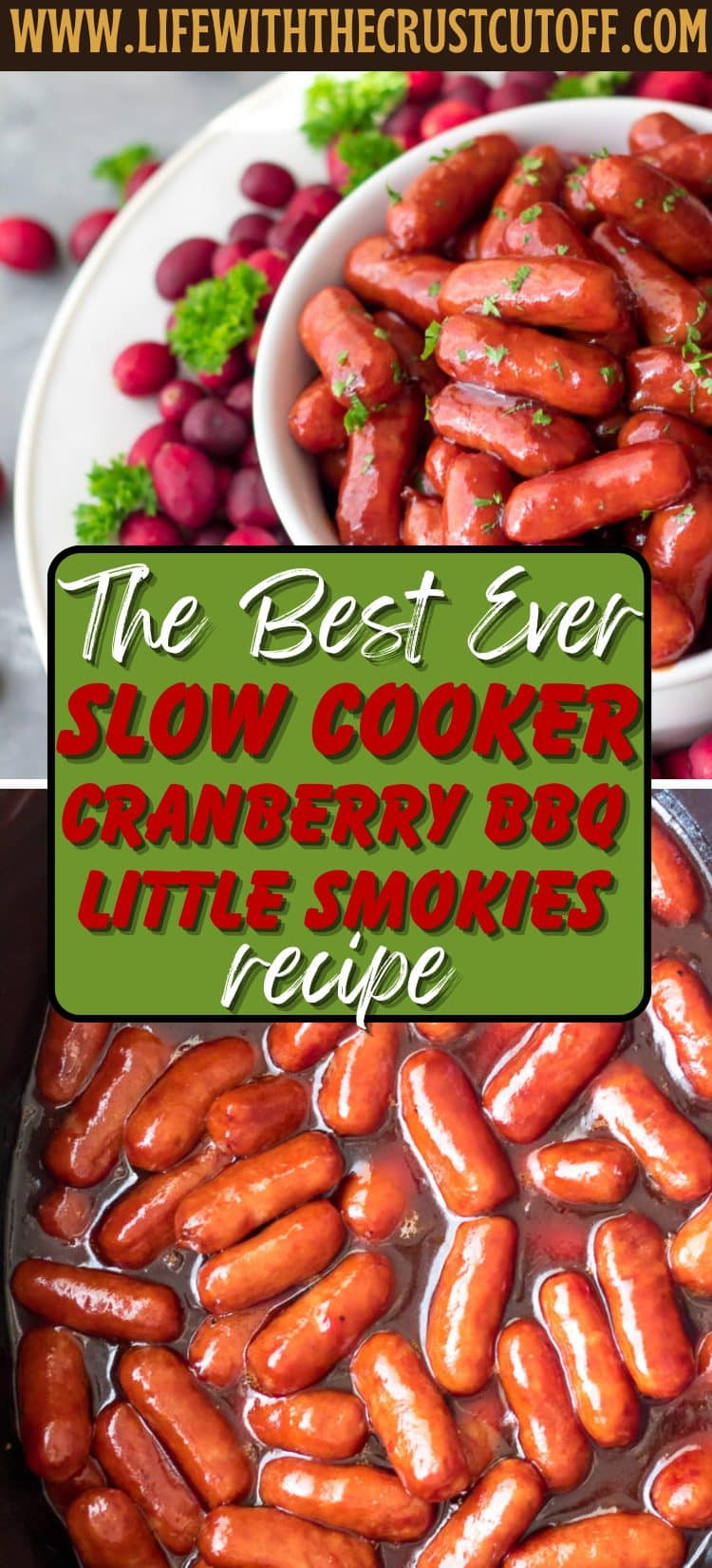 Little smokies coated in cranberry BBQ sauce in a serving bowl.