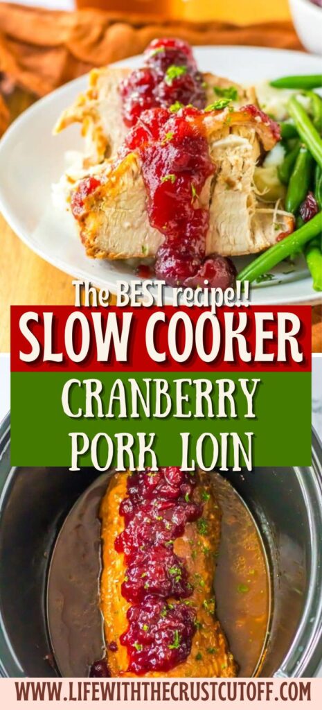 Sliced cranberry pork loin topped with cranberry glaze and fresh herbs.