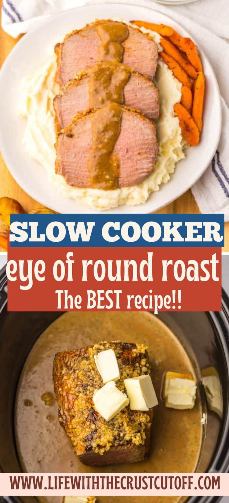 Slow cooker eye of round roast sliced and served with gravy and fresh herbs.