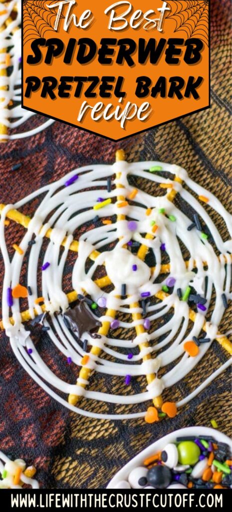 White chocolate bark with pretzel sticks arranged like spiderwebs.