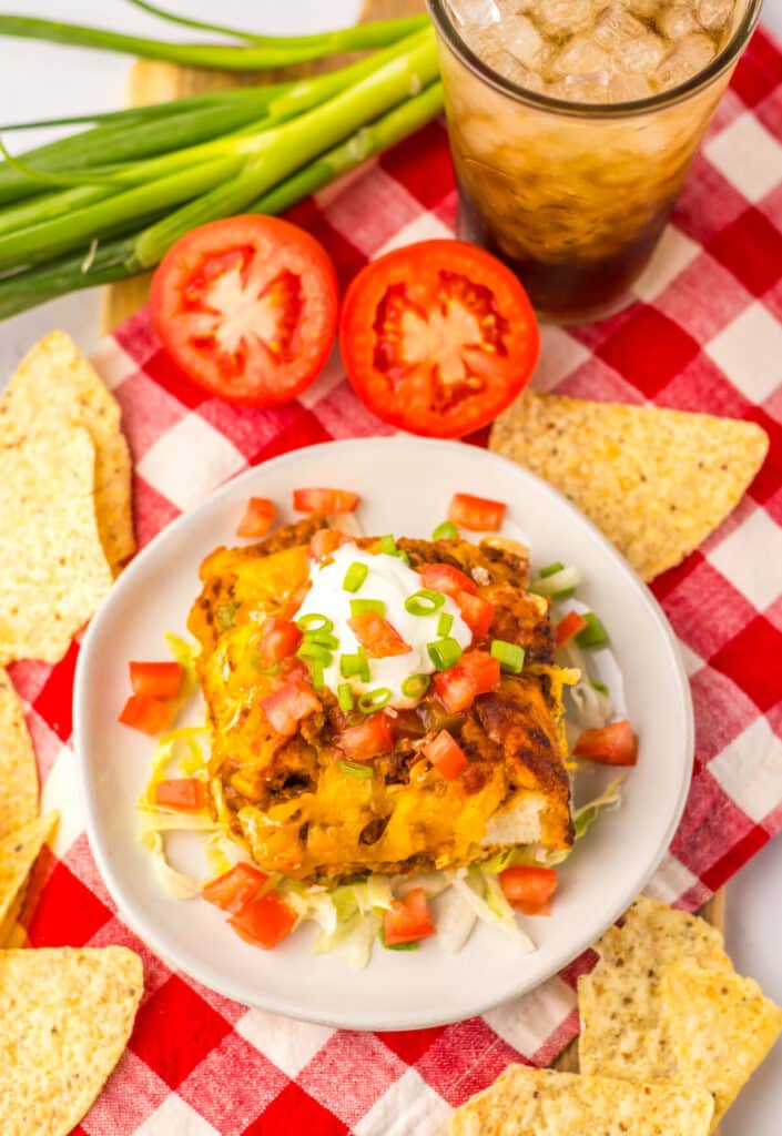 Overhead view of baked taco bubble up casserole topped with melted cheese.