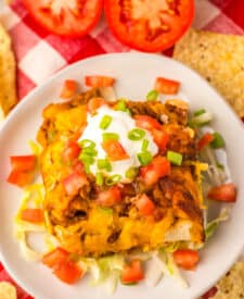Overhead view of baked taco bubble up casserole topped with melted cheese.