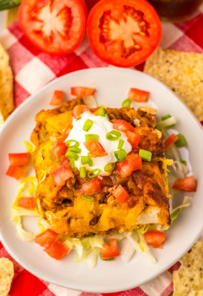 Overhead view of baked taco bubble up casserole topped with melted cheese.
