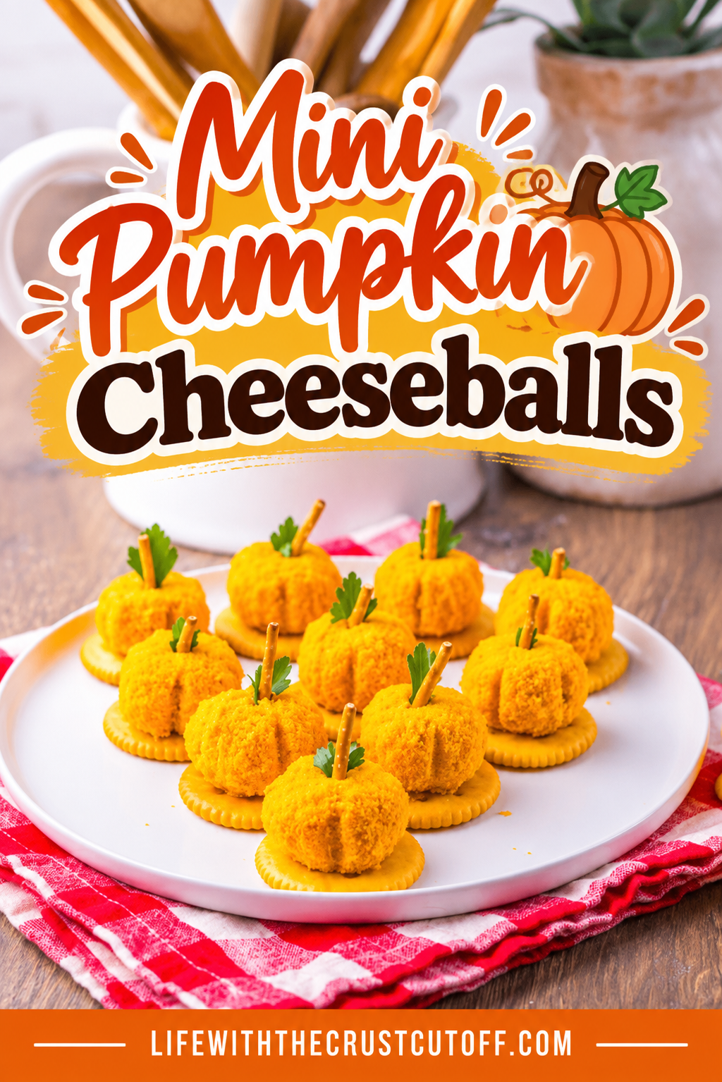 Mini Pumpkin Cheeseballs shaped like pumpkins with pretzel stems and parsley leaves, served individually on crackers.